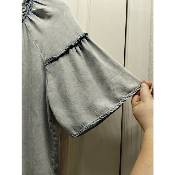 Jane + Delancey Size Small Top Blue Super Soft Lyocell Chambray Tie Neck Popover - Picture 3 of 7